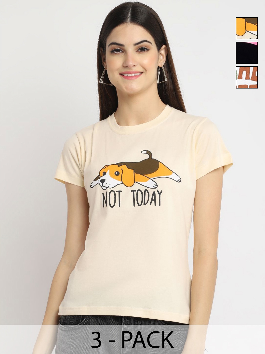 

Dreambe Women Pack of 3 Typography Printed Round Neck Cotton T-shirts, Cream