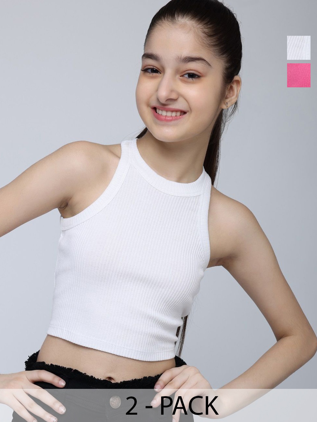 

Wakai Girls Pack of 2 Ribbed Round Neck Crop Top, Pink