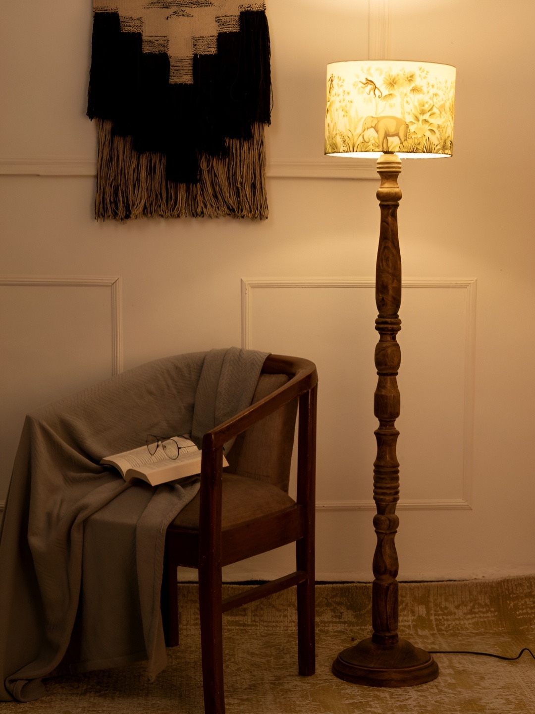 

green girgit Brown & White Printed Wooden Cylinder Shaped Floor Lamp