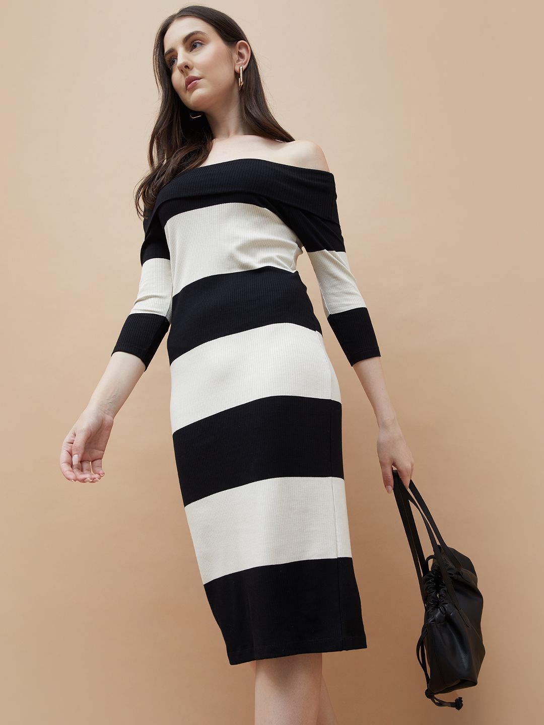 

CODE by Lifestyle Striped Off-Shoulder A-Line Midi Dress, Black