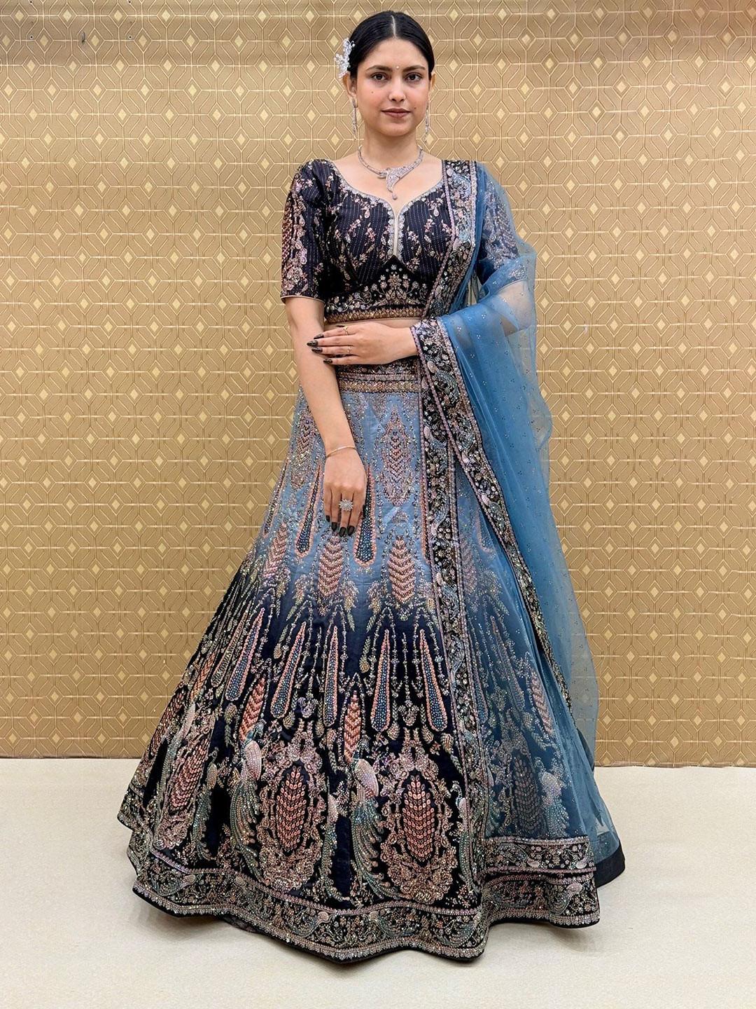 

KUNDAN FAB Embroidered Beads & Stones Semi-Stitched Lehenga & Unstitched Blouse & Dupatta, Navy blue