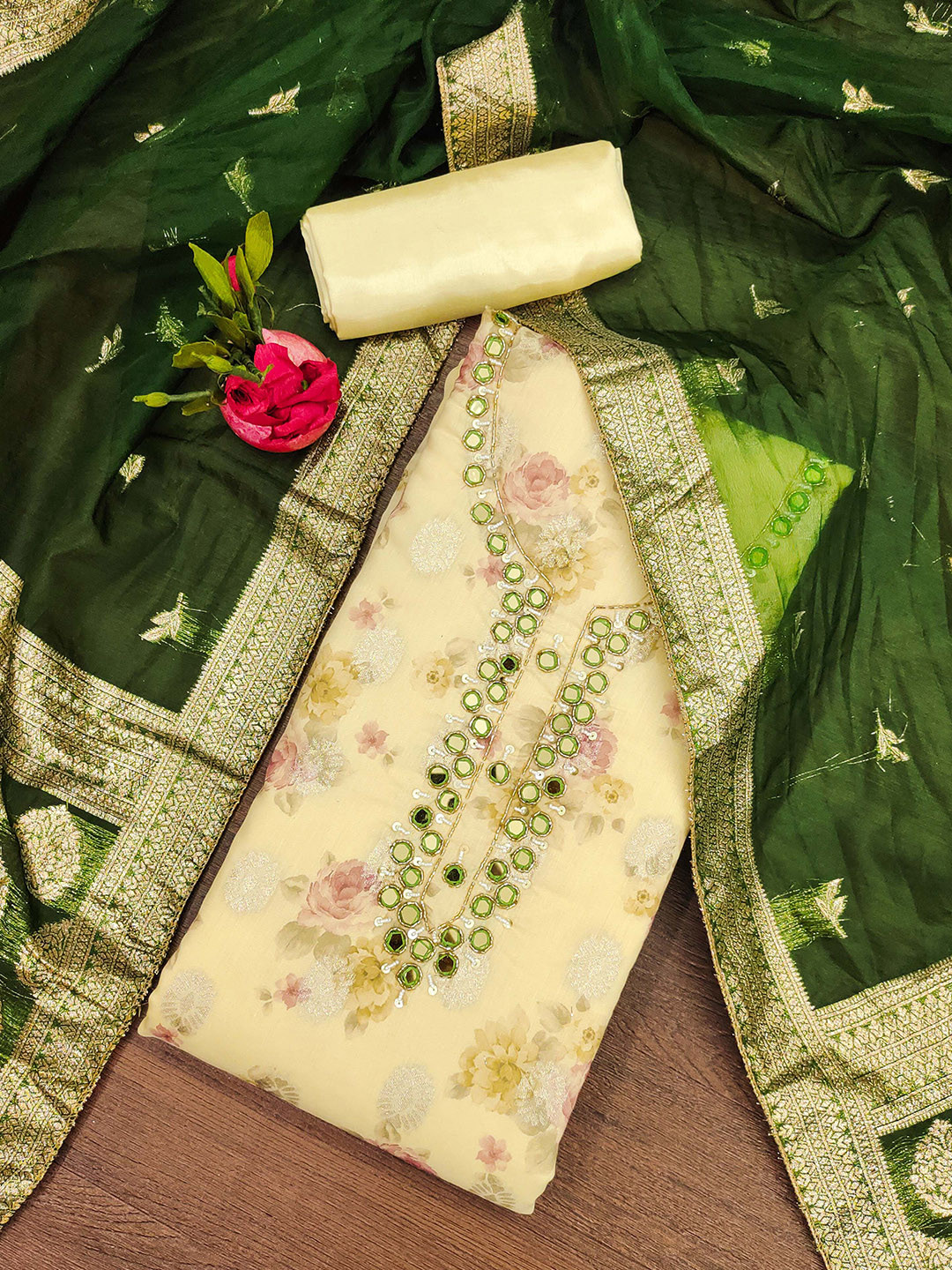 

SHADOW & SAINING Floral Printed Mirror Work Jacquard Semi-Stitched Dress Material, Yellow