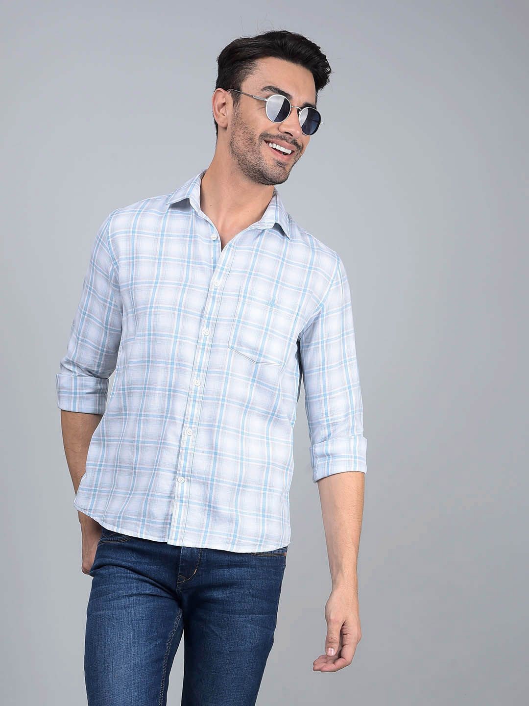 

Crimsoune Club Men Classic Slim Fit Tartan Checked Casual Shirt, White