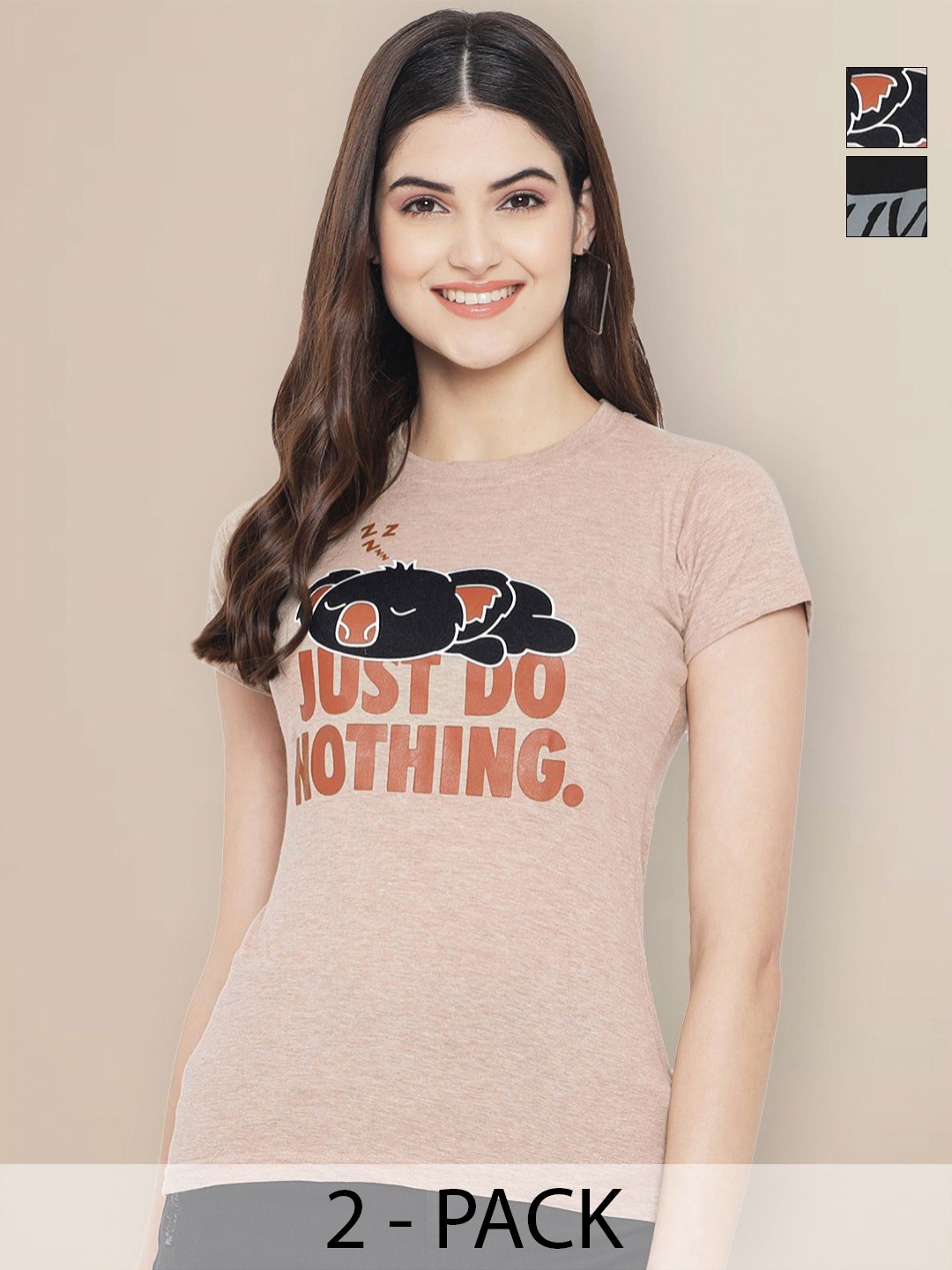 

GLOBAL NOMAD Pack Of 2 Typography Printed Round Neck Short Sleeves Cotton T-shirt, Beige