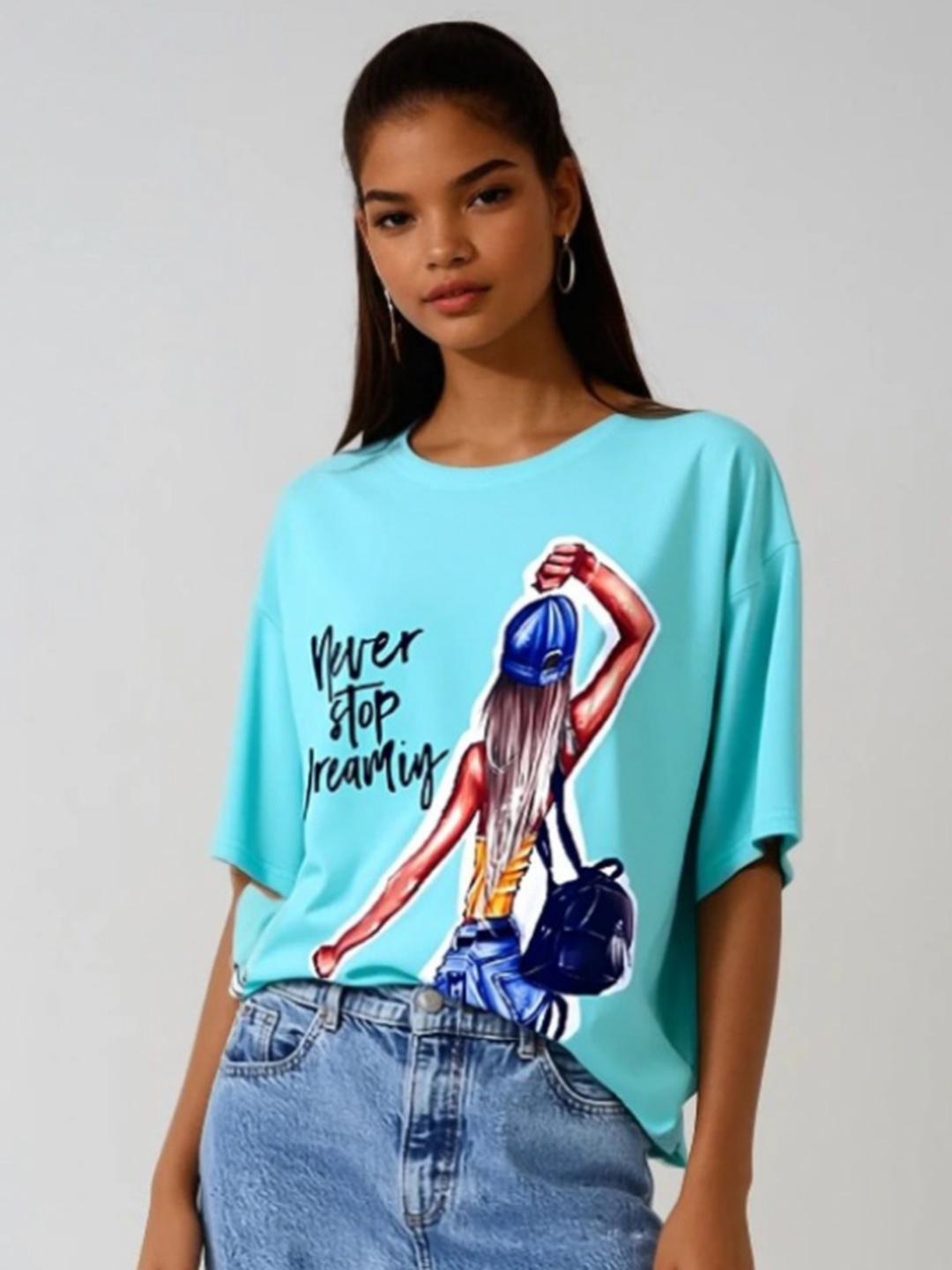 

popstop Women Graphic Printed Round Neck Cotton Oversized T-shirt, Turquoise blue