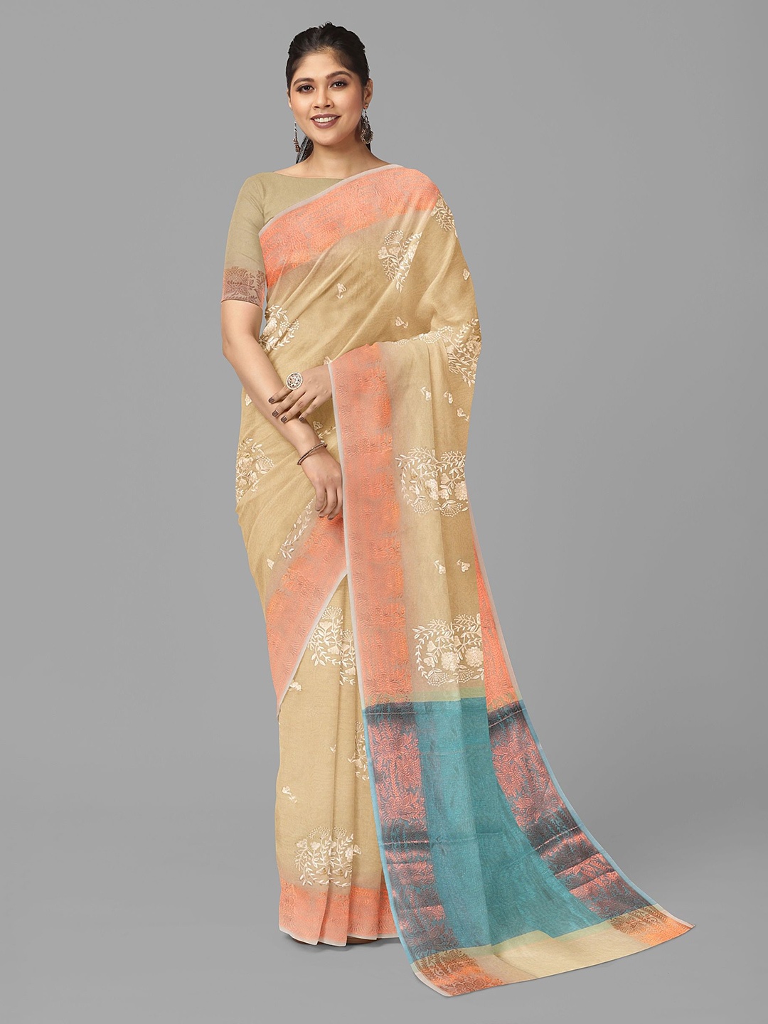 

The Chennai Silks Floral Embroidered Sambalpuri Saree With Unstitched Blouse Piece, Beige