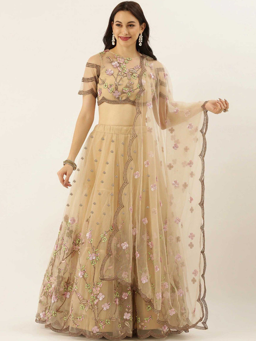 

BAESD Embroidered Sequinned Semi-Stitched Lehenga & Unstitched Blouse With Dupatta, Cream