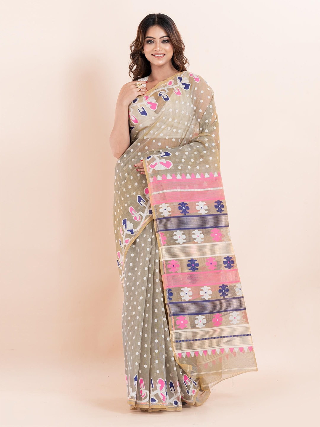 

PUKU Ethnic Motifs Silk Cotton Jamdani Saree, Grey