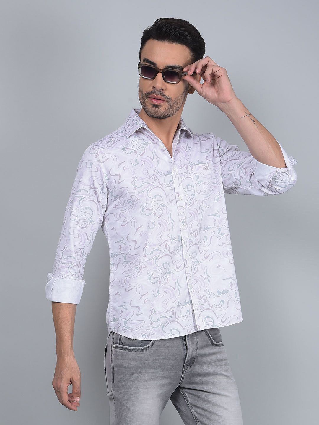 

Crimsoune Club Men Abstract Printed Classic Slim Fit Casual Shirt, White