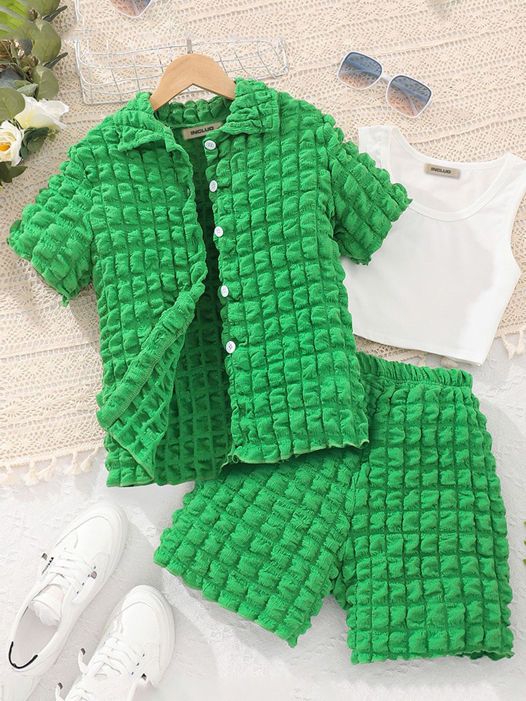 

INCLUD Girls Waffle Textured Shirt with Shorts, Green