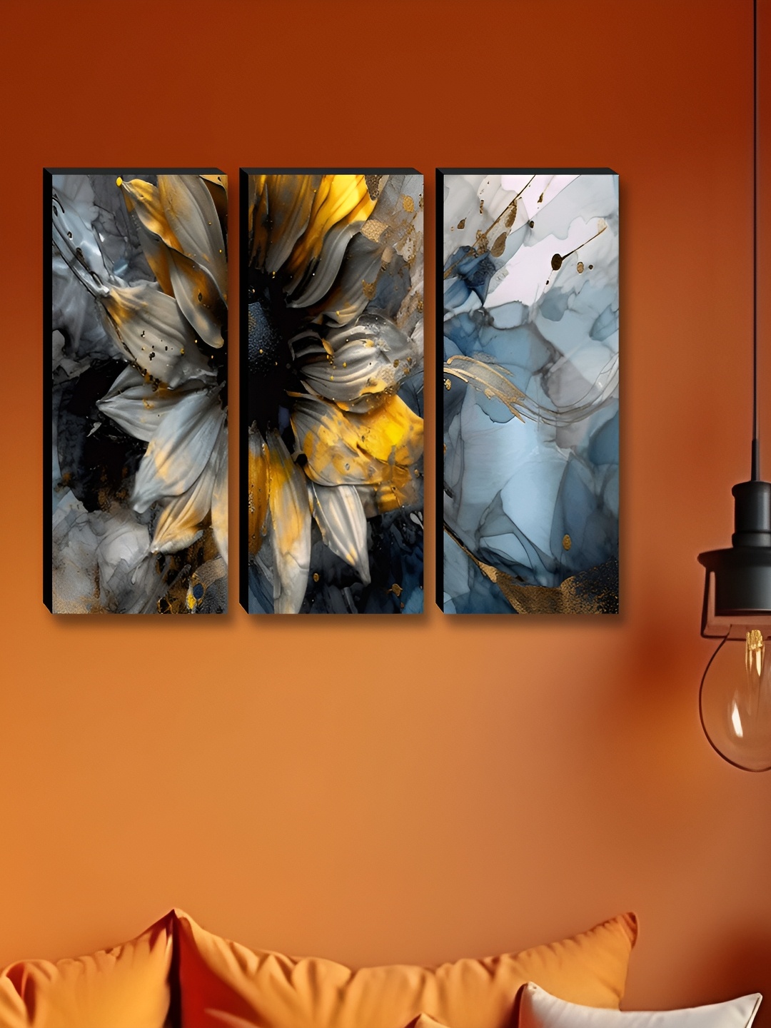 

Myntra Elegant Homes Blue & Gold-Toned 3 Pieces Flowers Printed Wooden Wall Paintings