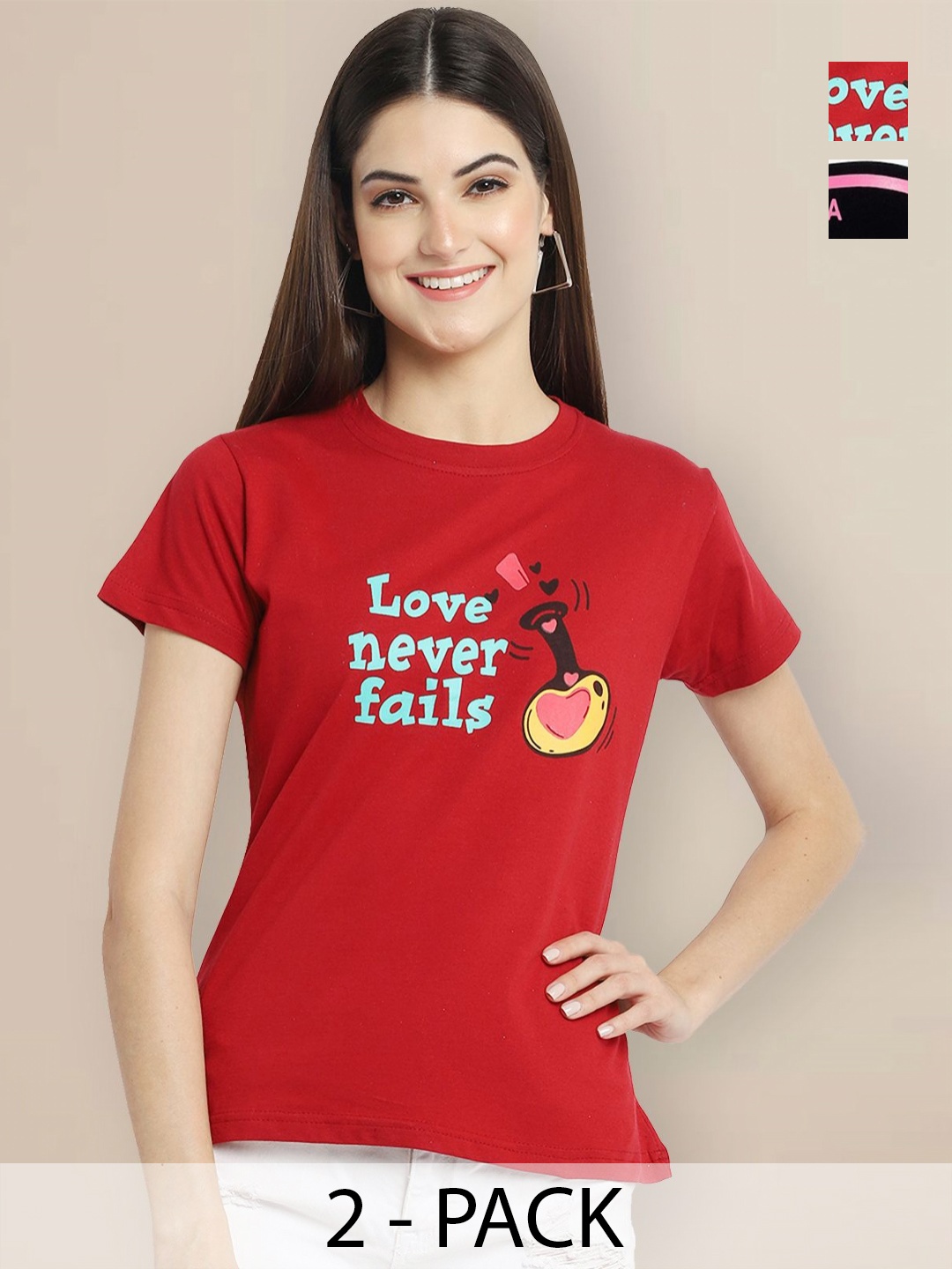 

GLOBAL NOMAD Women Pack of 2 Graphic Printed Round Neck Cotton T-shirts, Red