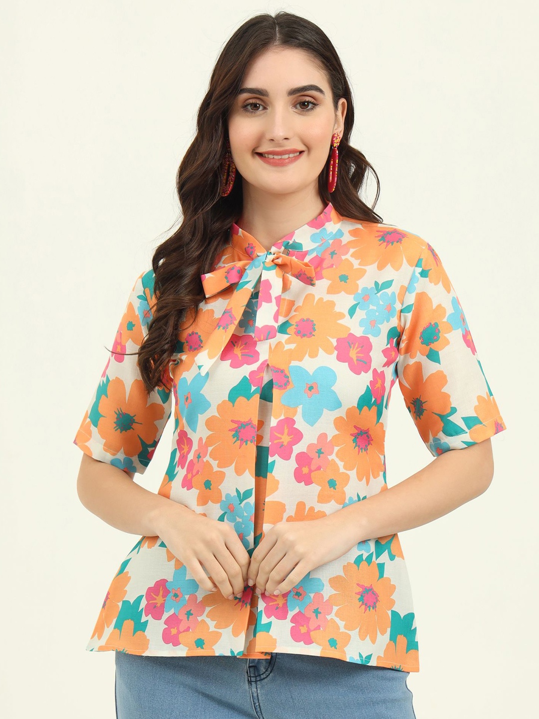 

REVOSAA Women Floral Print Tie-Up Neck Short Sleeves Top, White