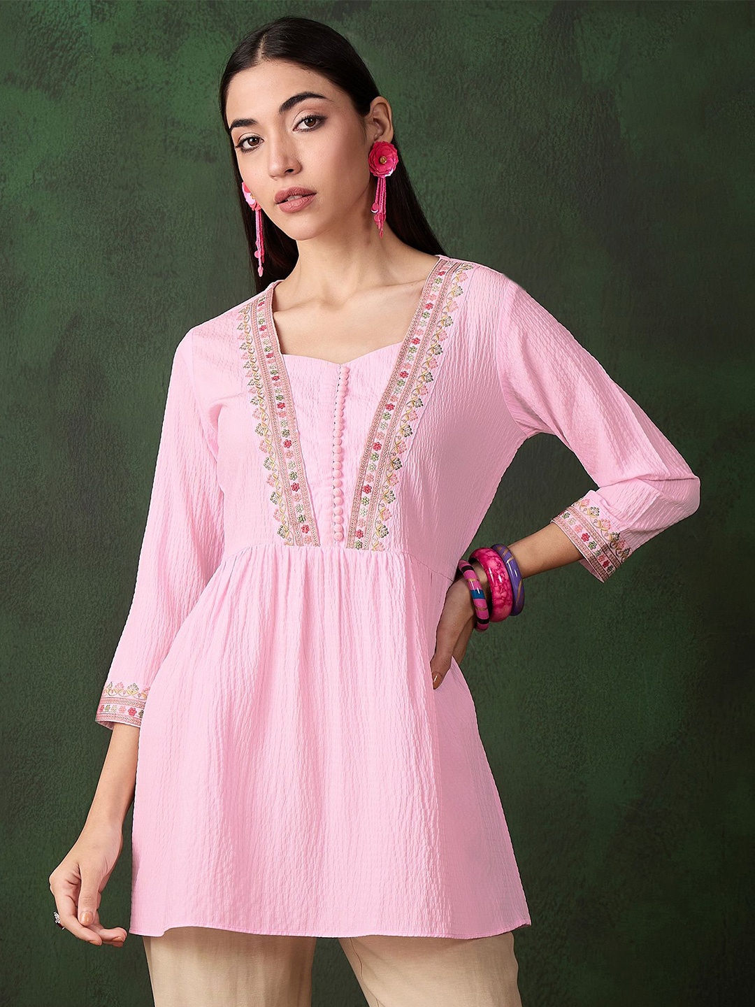 

Sangria Trendy Floral Emboridered Square Neck Stylish Kurti, Pink
