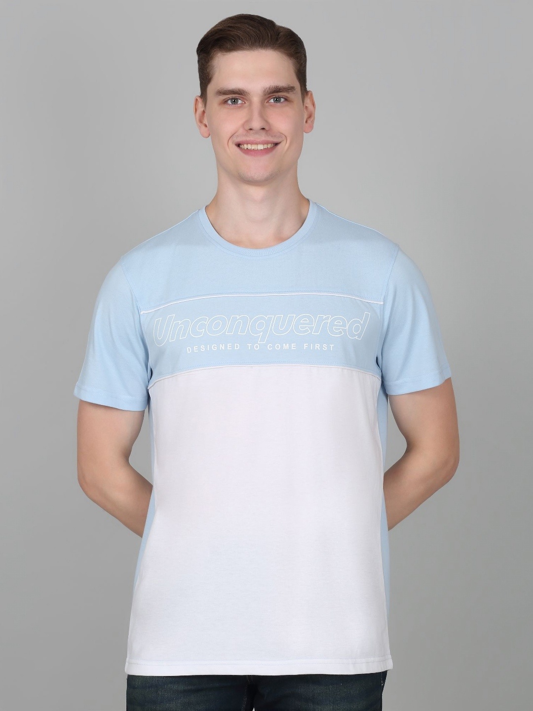 

Cantabil Men Typography Printed Round Neck Cotton T-shirt, Blue