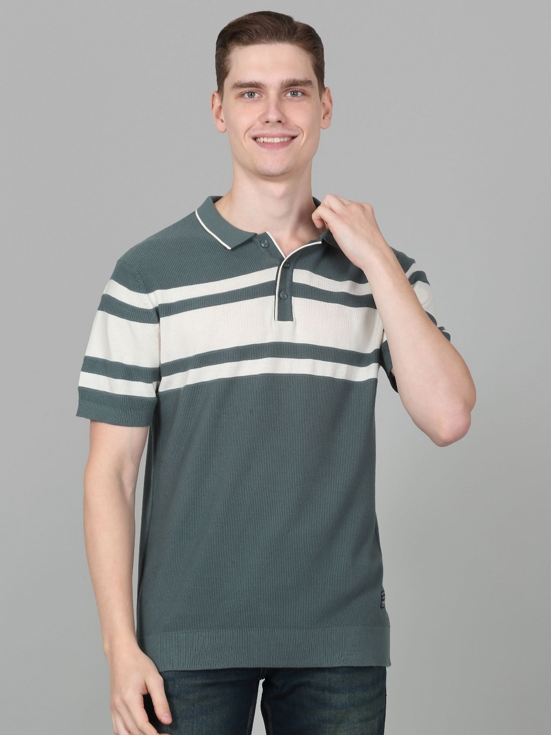 

Cantabil Men Striped Polo Collar T-shirt, Green
