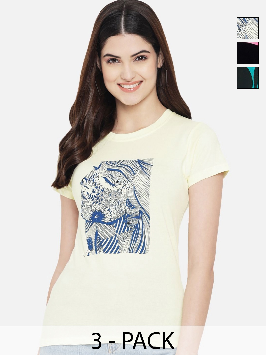 

Dreambe Women Pack of 3 Graphic Printed Round Neck Cotton T-shirts, Cream