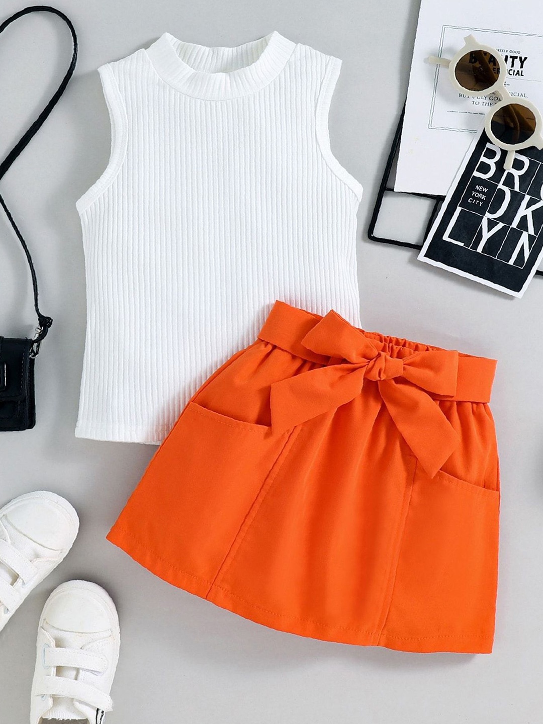 

LULU & SKY Girls Pure Cotton Striped Top With Skirt, Orange