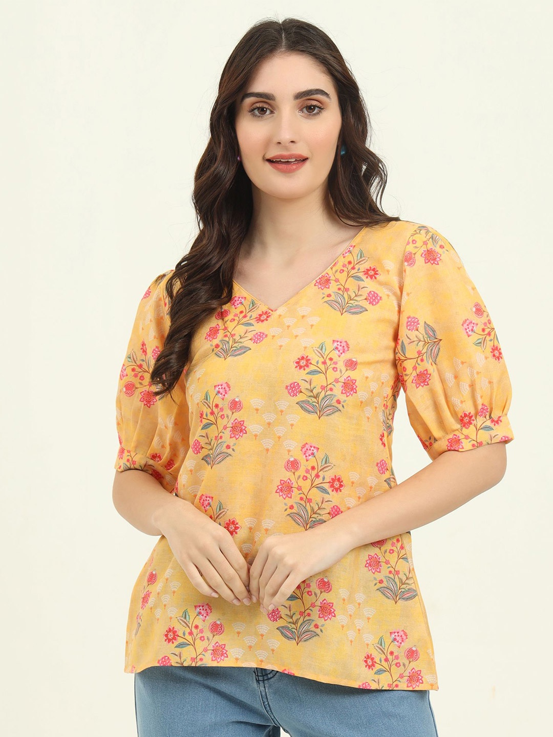 

REVOSAA Floral V-Neck Printed Puff Sleeves Kurti, Yellow