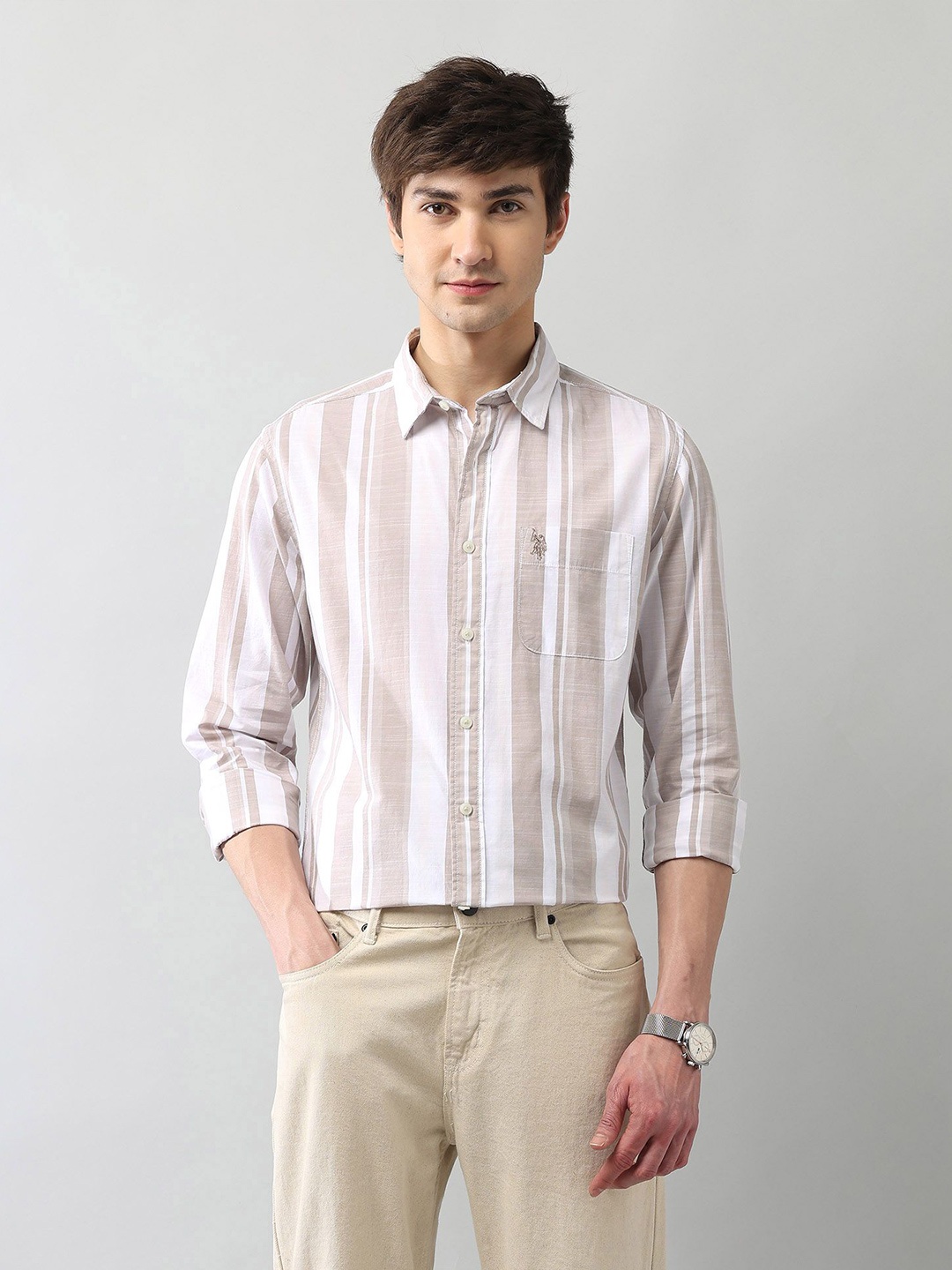 

U.S. Polo Assn. Denim Co. Men Classic Fit Vertical Striped Cotton Casual Shirt, Brown