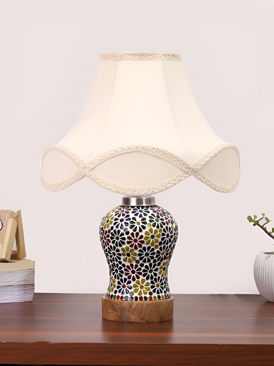 

Devansh Off White Textured Frustum Shaped Wooden Table Lamp