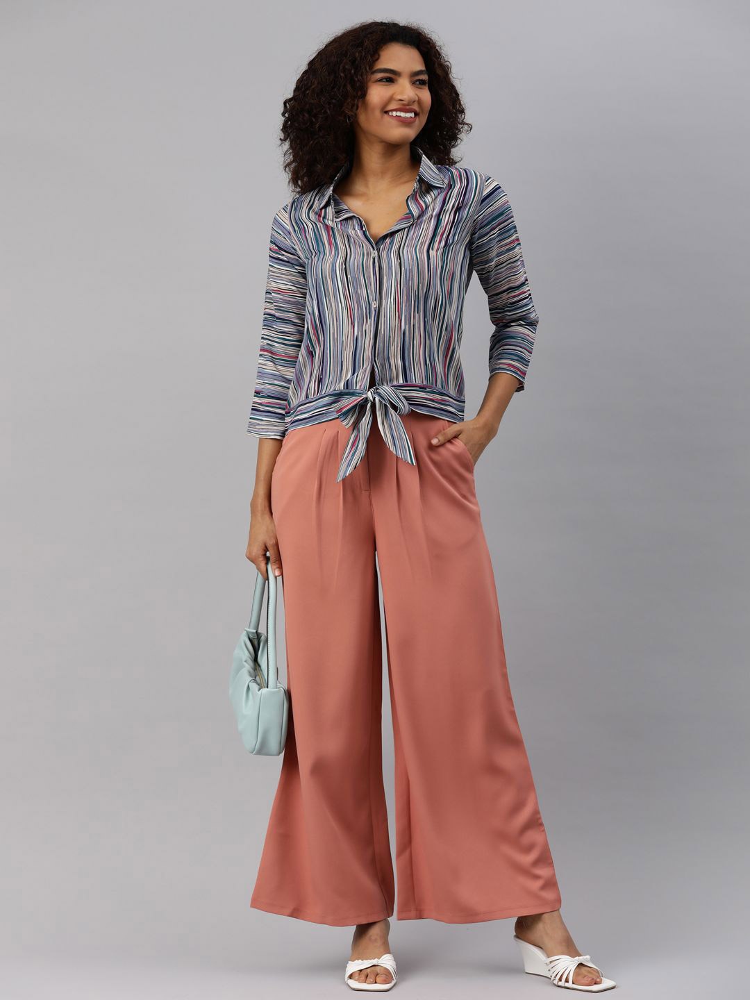 

CORSICA Women Spread Collar Multi Striped Casual Shirt, Blue