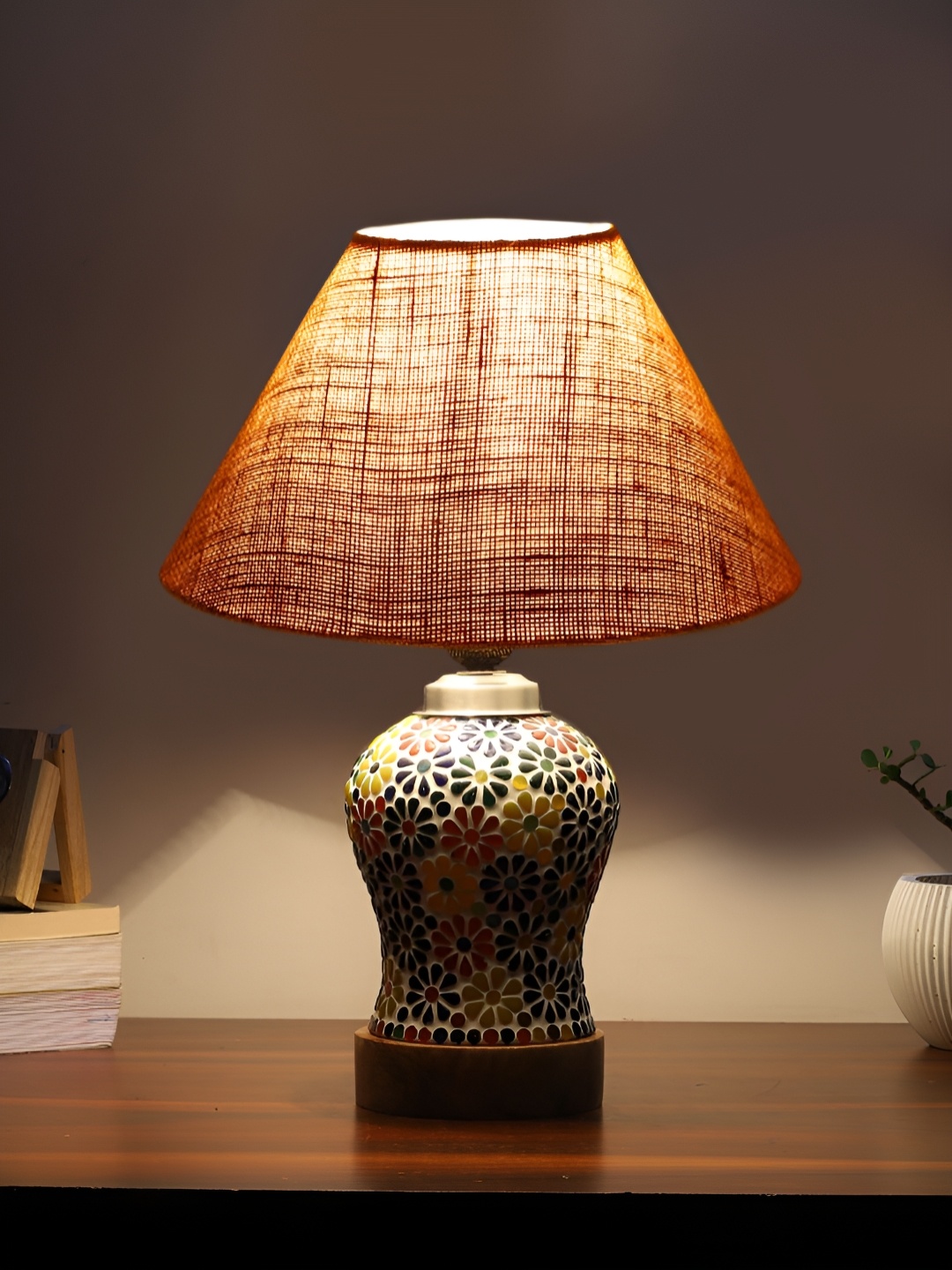 

Devansh Beige Textured Traditional Frustum Shaped Wooden Table Lamp & Mosaic Glass