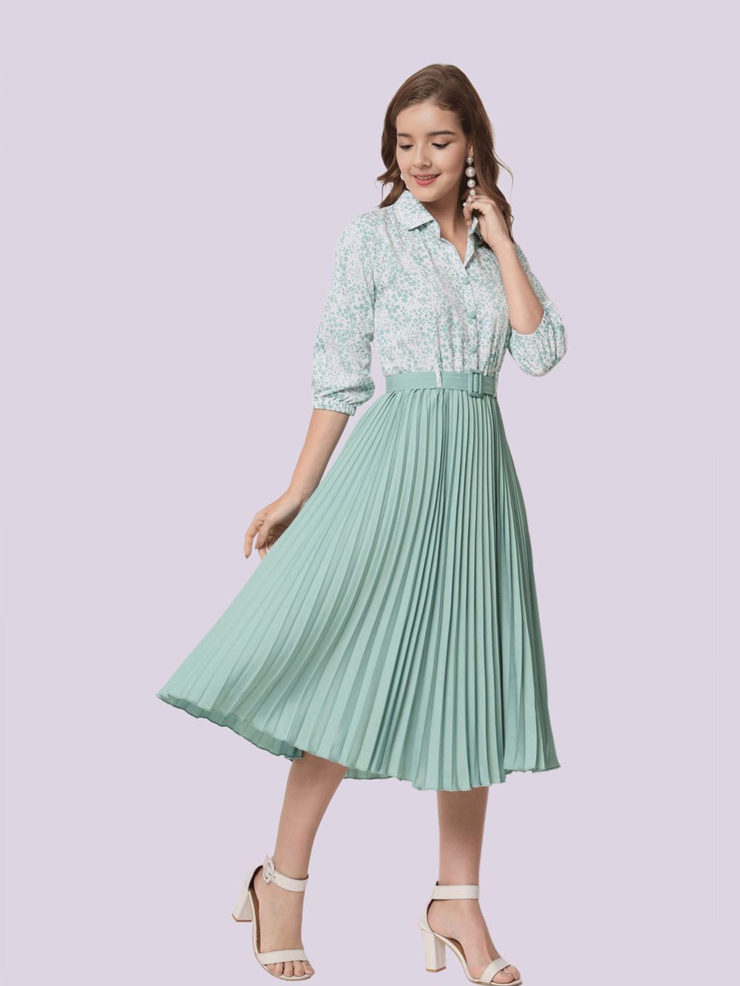 

OTABU Girls Floral Printed A-Line Midi Dress, Sea green