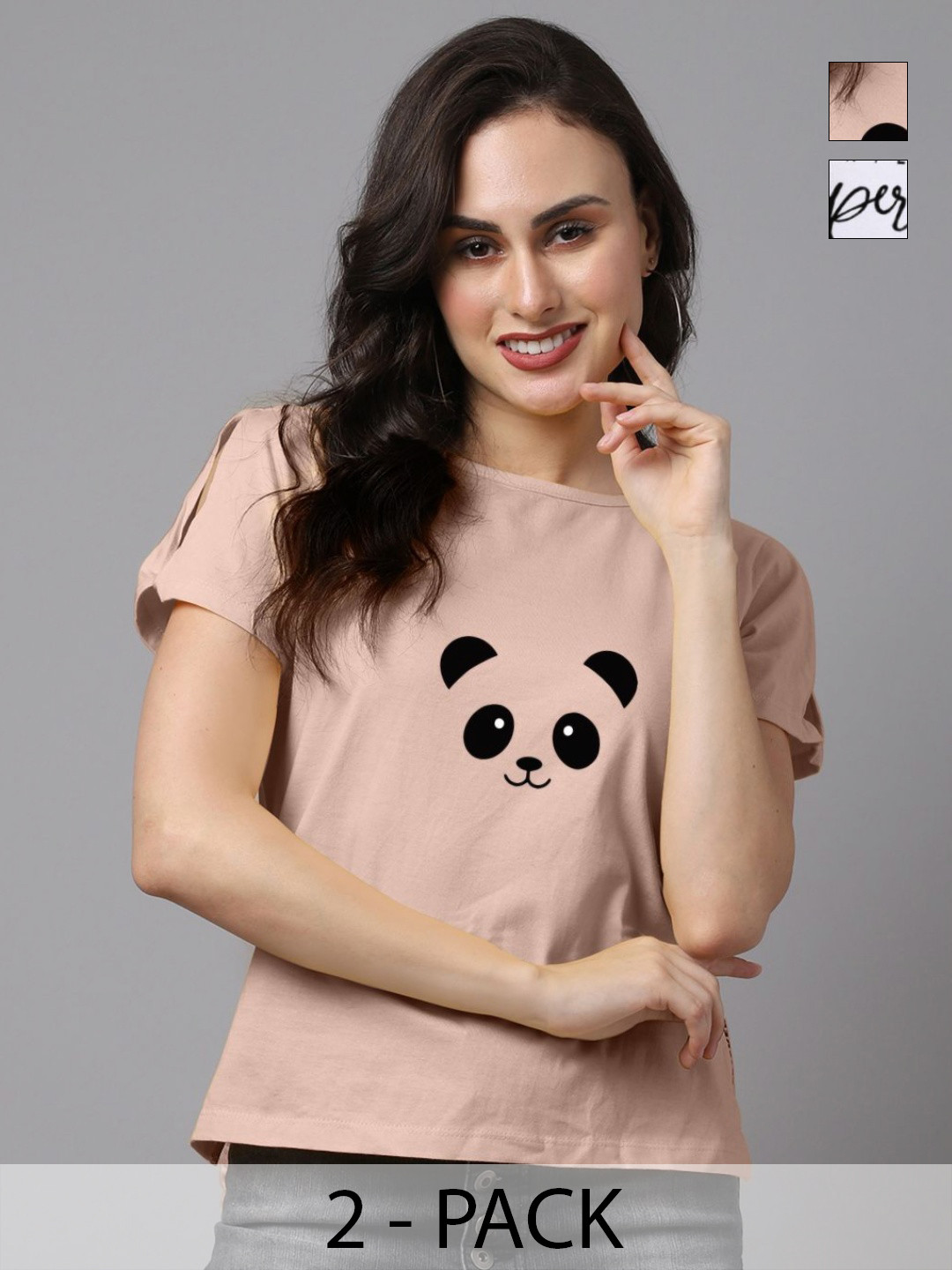 

Friskers Women Pack Of 2 Graphic Printed Round Neck Cotton T-shirts, Beige