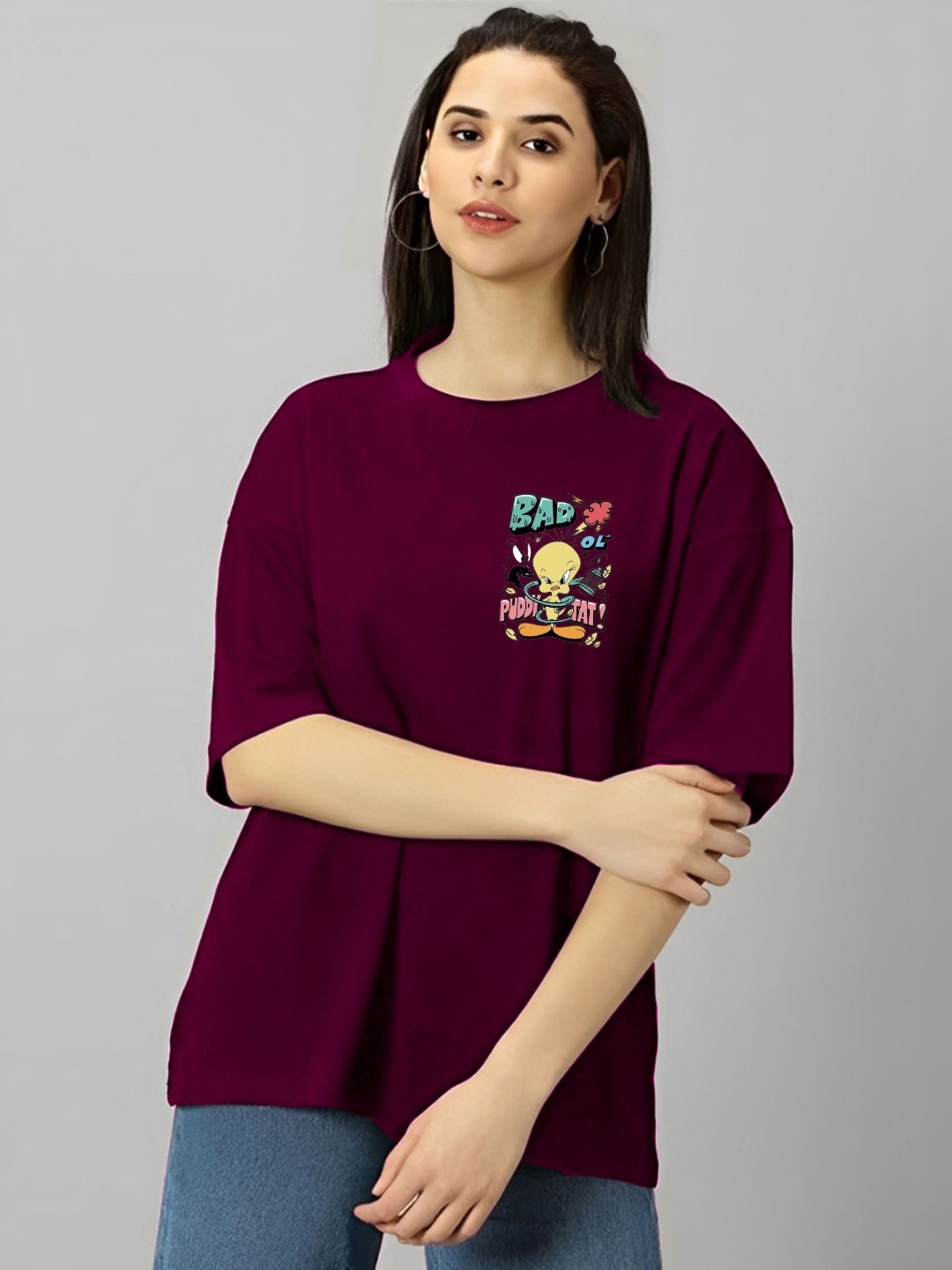 

LECOWAR Women Graphic Printed Round Neck Cotton Oversized T-shirt, Maroon