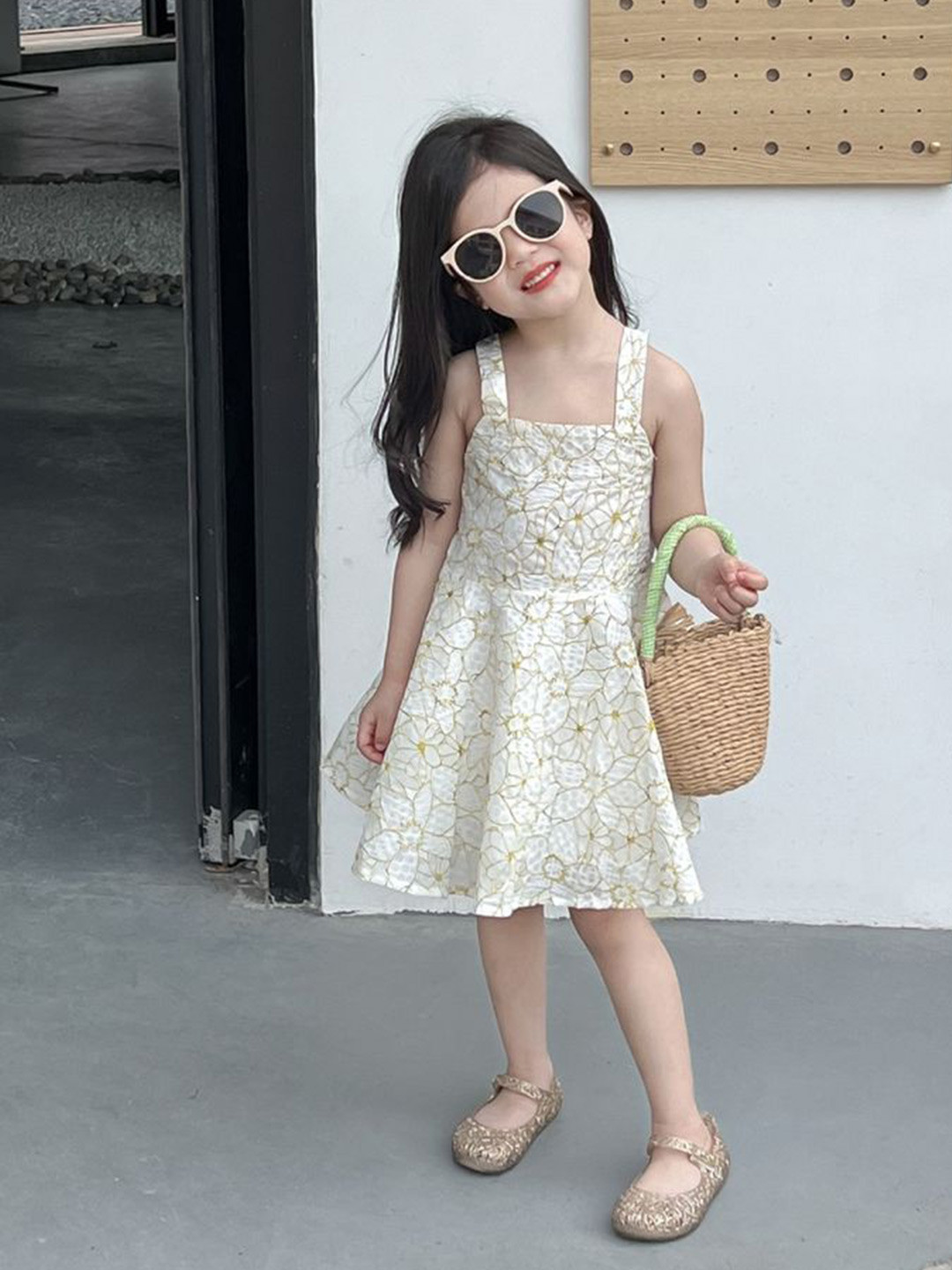 

LULU & SKY Girls Cotton Shoulder Straps Dress, White