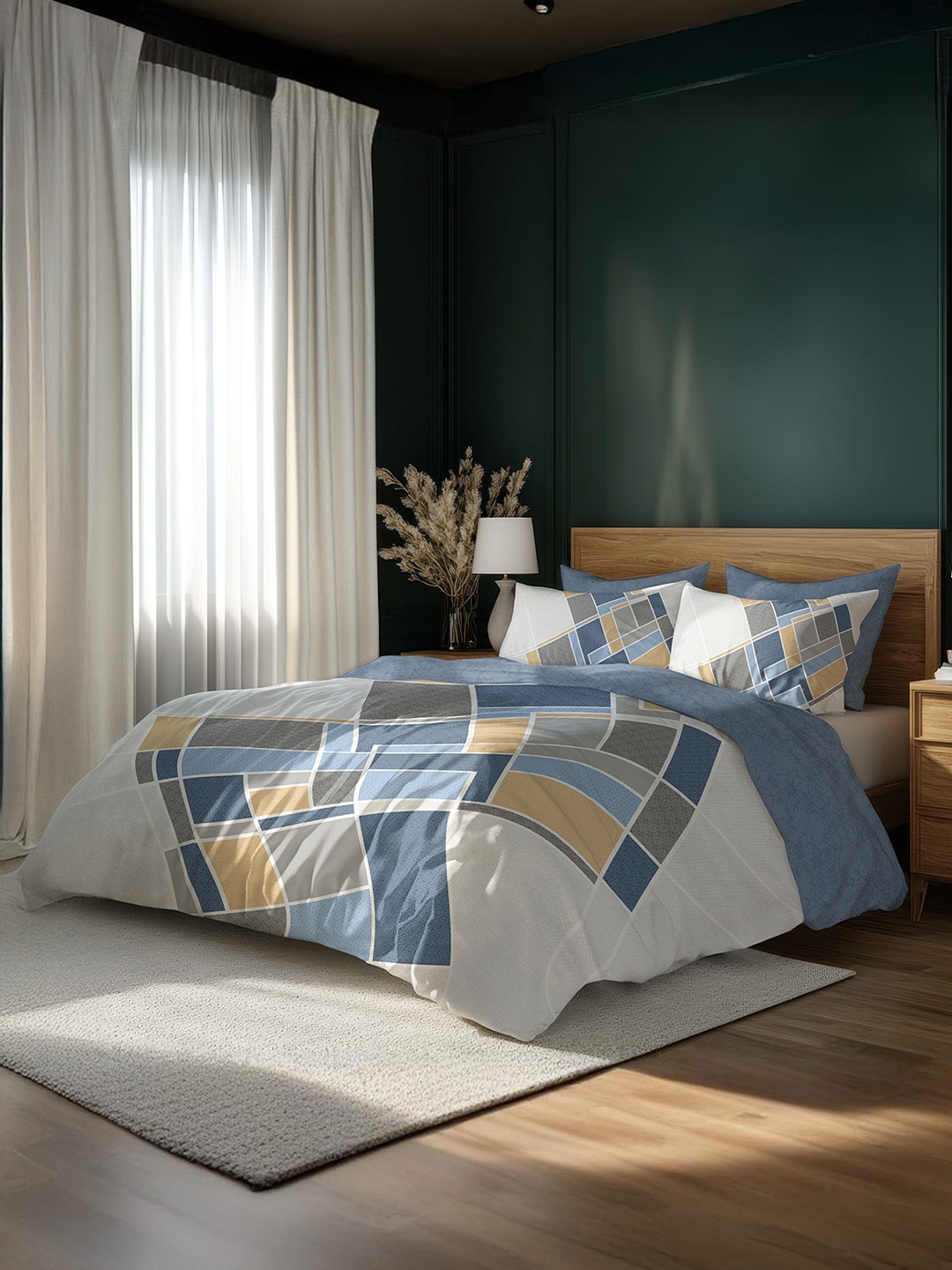 

LANE LINEN Blue & White Geometric 400 TC King Bedsheet with 4 Pillow Covers