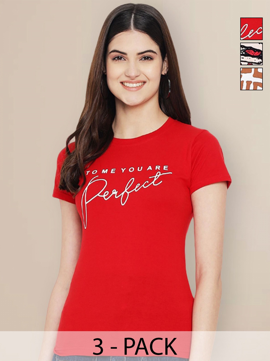 

Metronaut Women Pack of 3 Typography Printed Round Neck Cotton T-shirts, Red