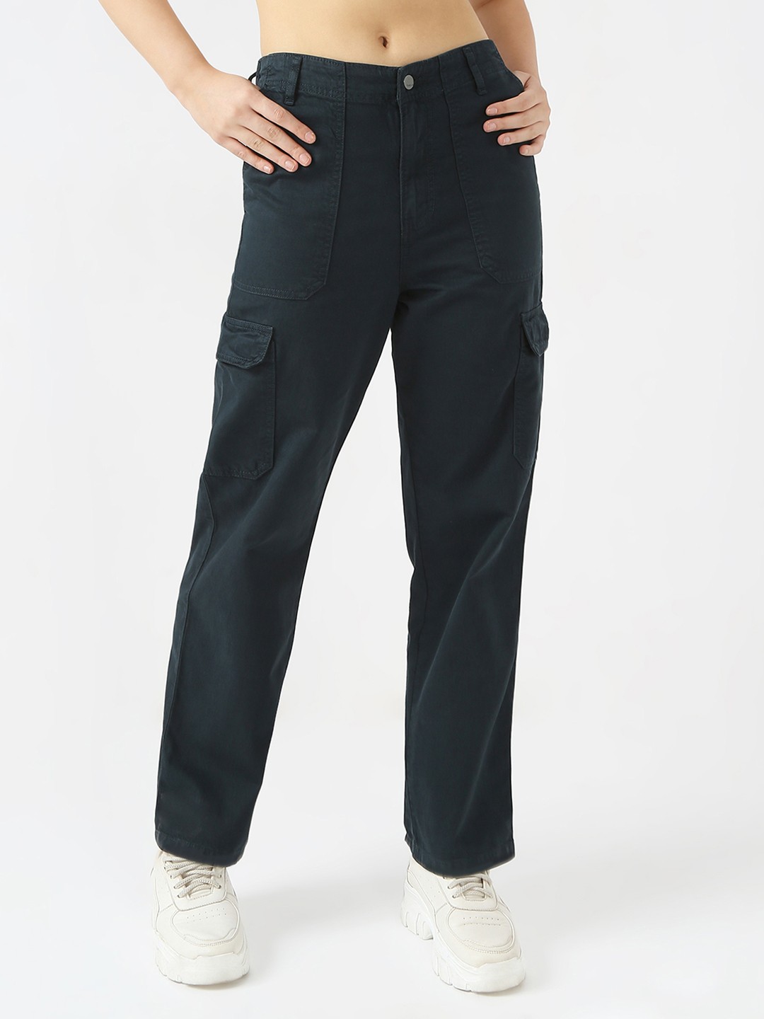 

Kraus Jeans Women Loose Fit High-Rise Cargos Trousers, Blue