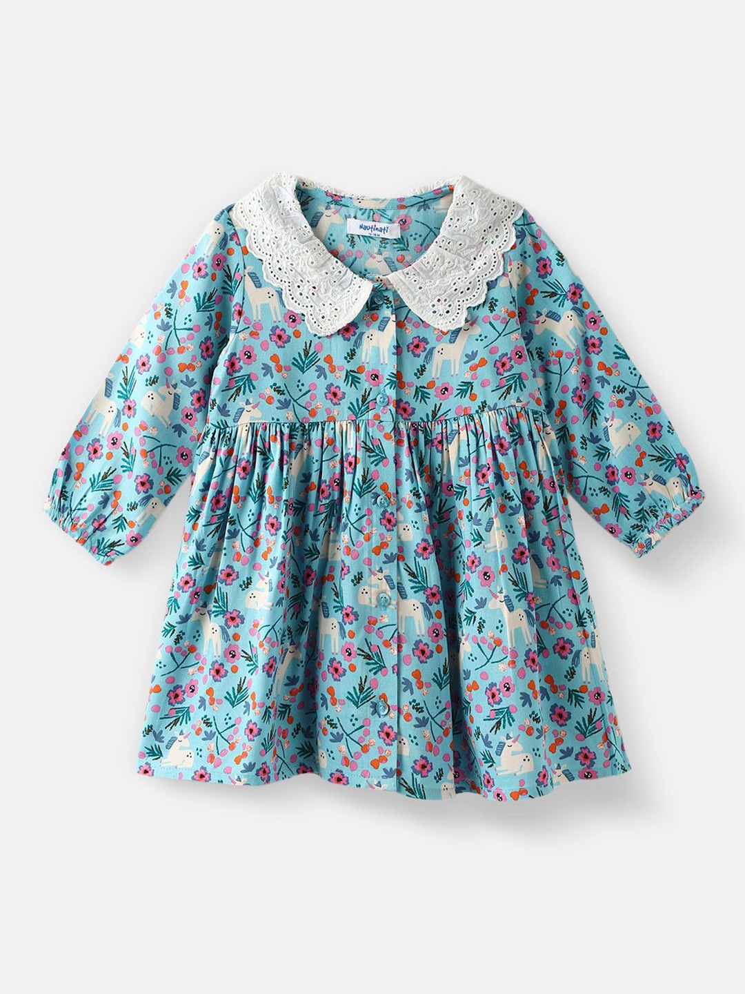 

Nauti Nati Nautinati Girls' Floral and Animal Printed Schiffli Collar Dress, Blue