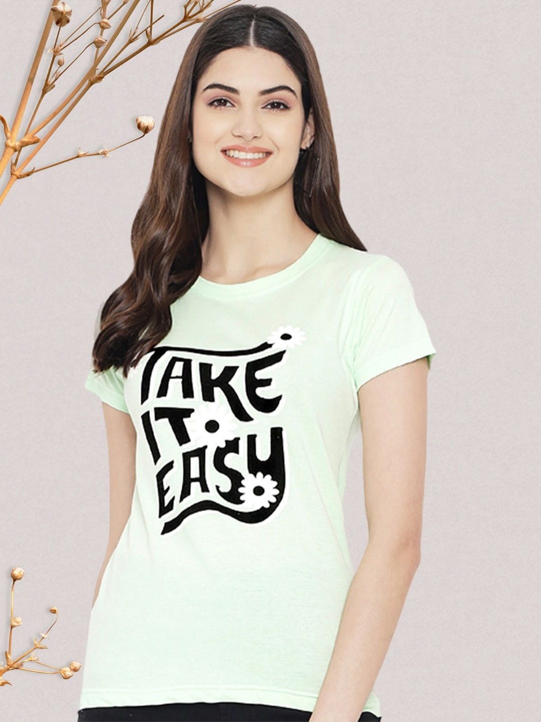 

Dreambe Women Typography Printed Round Neck Cotton T-shirt, Green