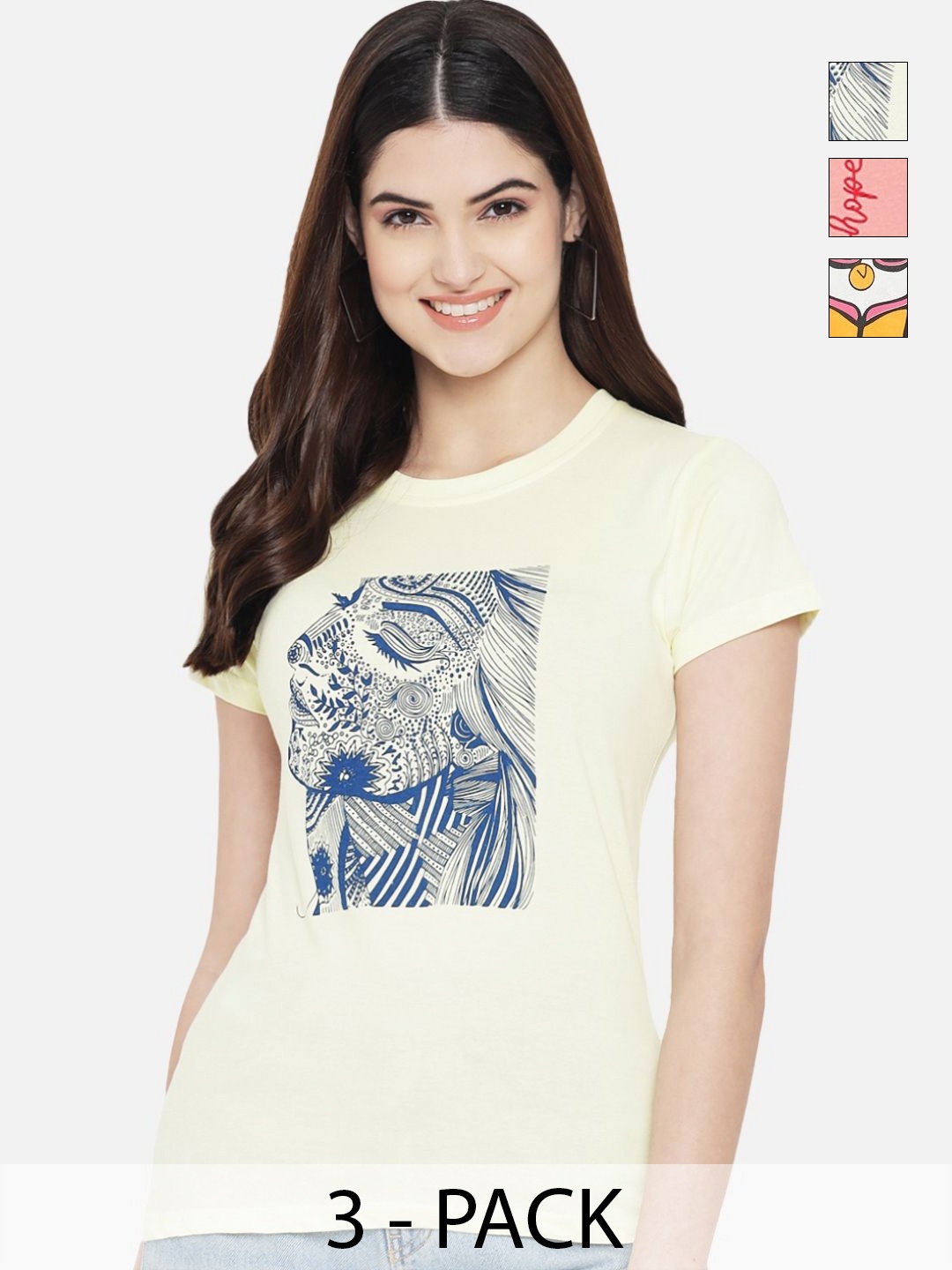 

Dreambe Women Pack of 3 Graphic Printed Round Neck Cotton T-shirts, Cream