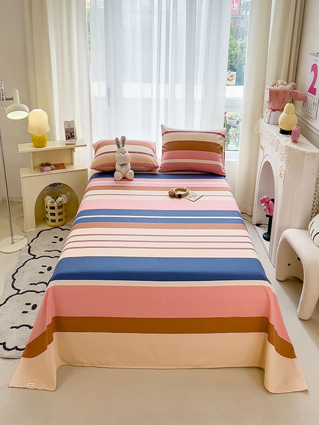 

JC HOME Blue & Pink Striped 140 TC Double Queen Bedsheet Set 2 m x 2.45 m