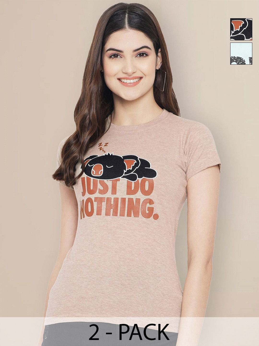 

GLOBAL NOMAD Women Pack of 2 Typography Printed Round Neck Cotton T-shirts, Beige