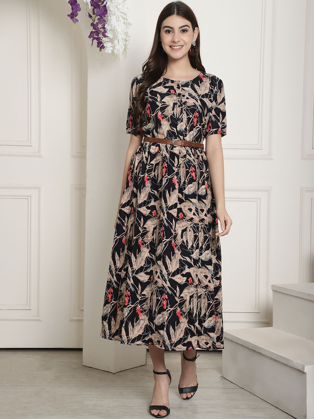 

Metronaut Women Floral Printed Fit & Flare Midi Dress, Beige