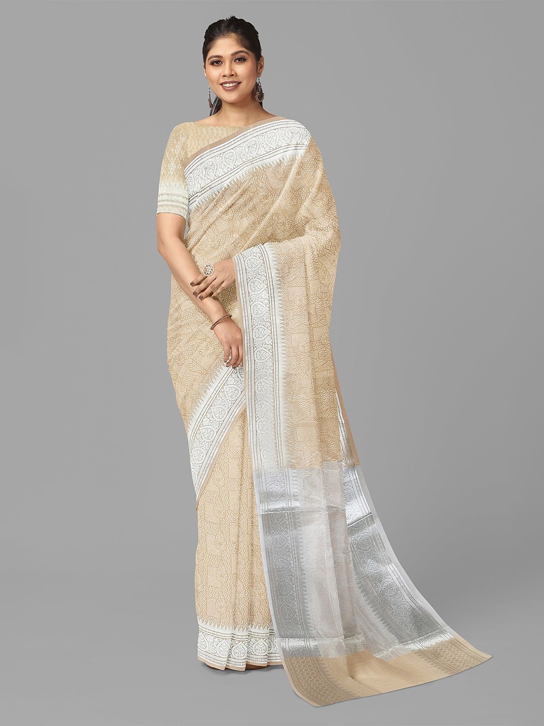 

The Chennai Silks Printed Zari Sambalpuri Saree, Brown