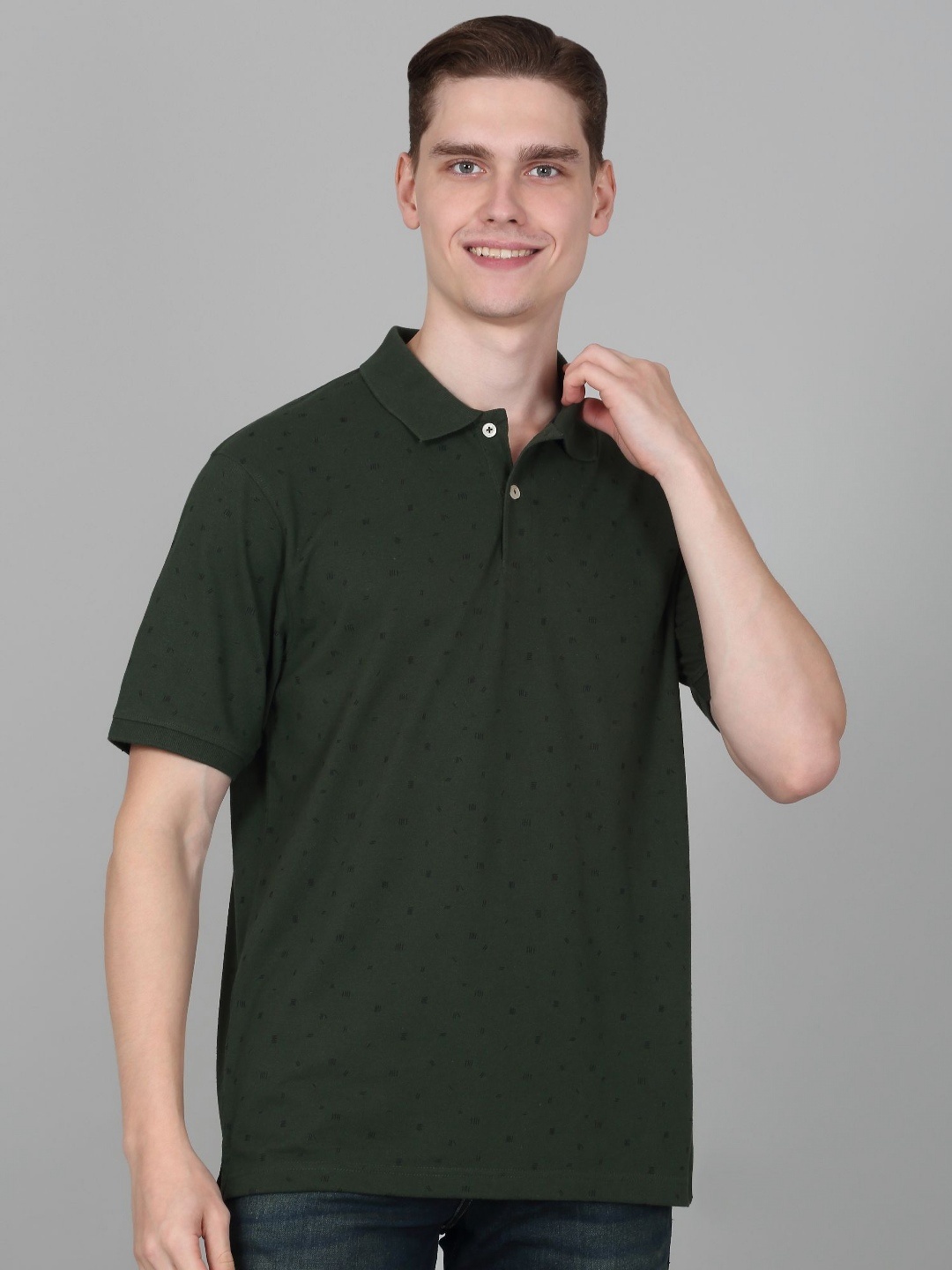 

Cantabil Men Abstract Printed Polo Collar Cotton T-shirt, Green