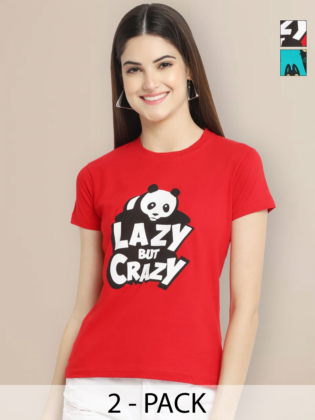 

GLOBAL NOMAD Women Pack of 2 Graphic Printed Round Neck Cotton T-shirts, Red