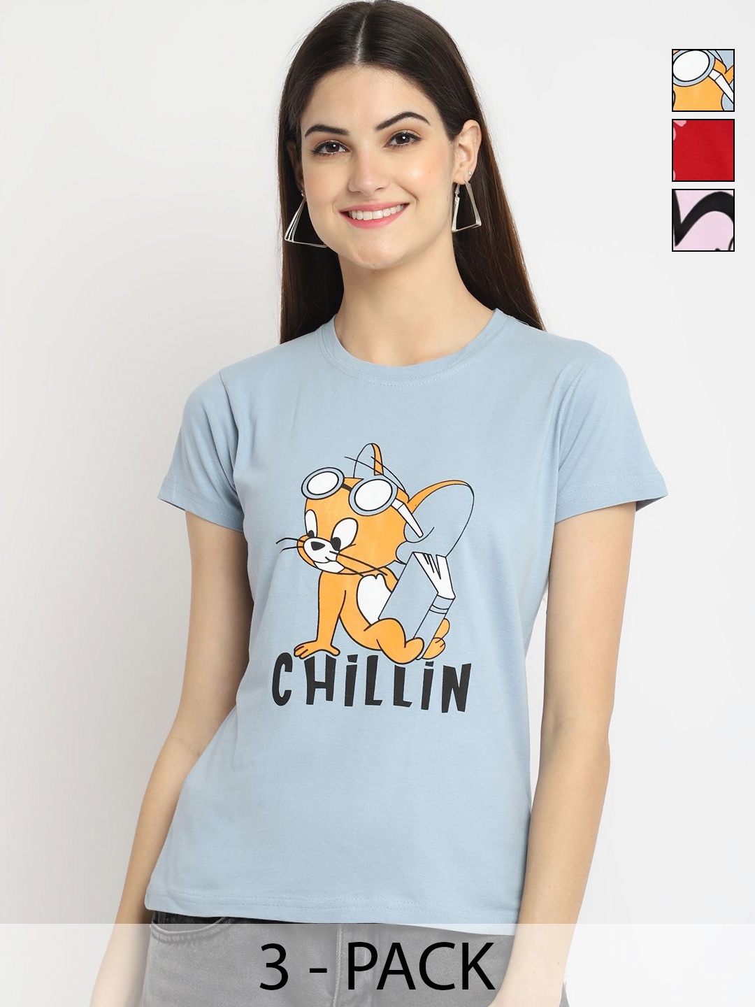 

Dreambe Women Pack of 3 Tom & Jerry Typography Printed Round Neck Cotton T-shirts, Blue