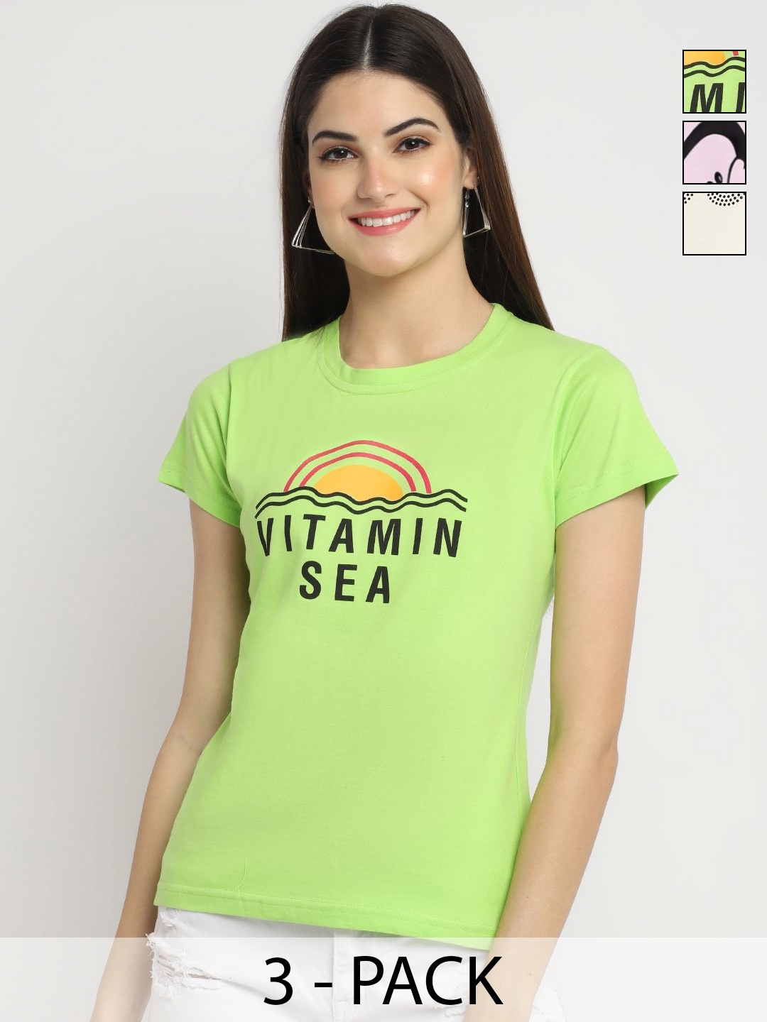 

Dreambe Women Pack of 3 Typography Printed Round Neck Cotton T-shirts, Green