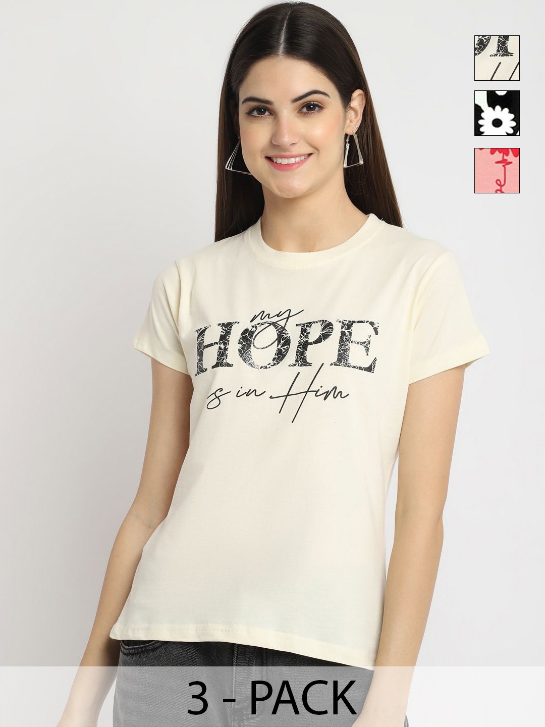 

Dreambe Women Pack of 3 Typography Printed Round Neck Cotton T-shirts, Cream