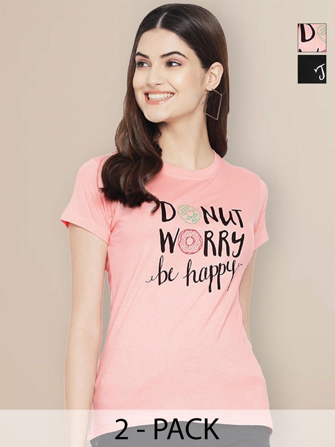 

GLOBAL NOMAD Women Pack of 2 Typography Printed Round Neck Cotton T-shirts, Peach