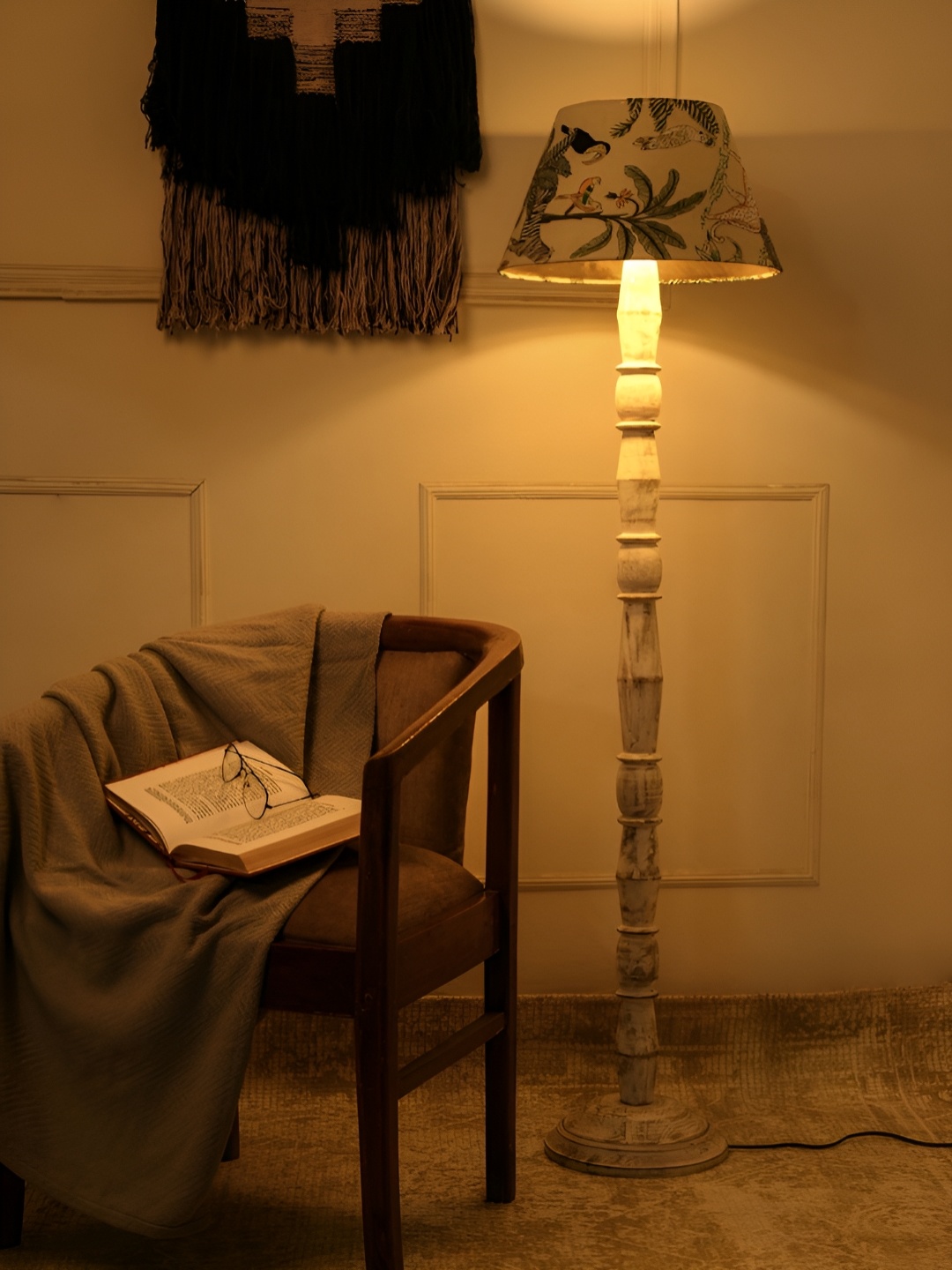 

green girgit White & Green Printed Wooden Frustum Shaped Floor Lamp
