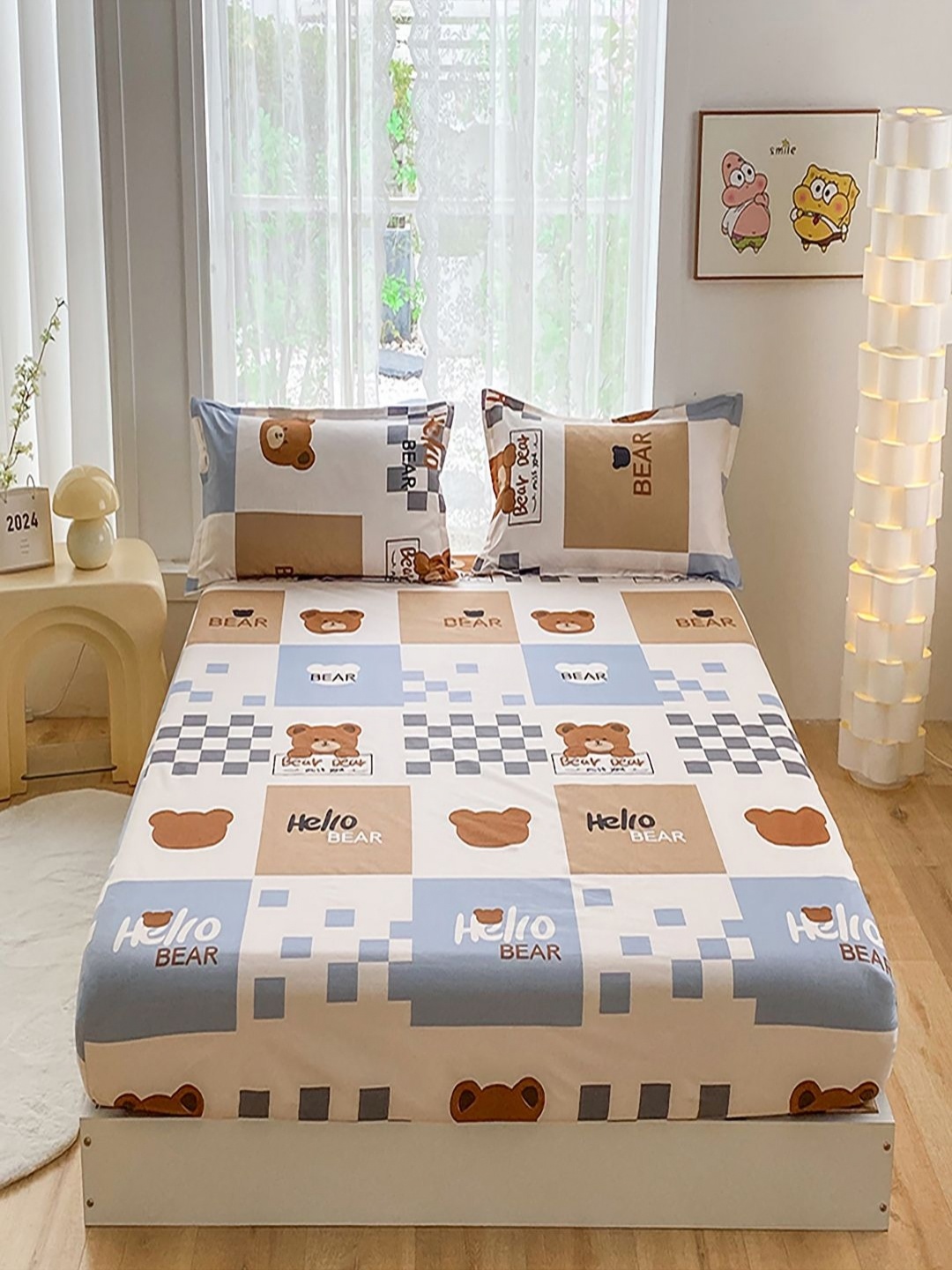 

JC HOME White & Blue Abstract Printed 140 TC Fitted King Size Bedsheet Set