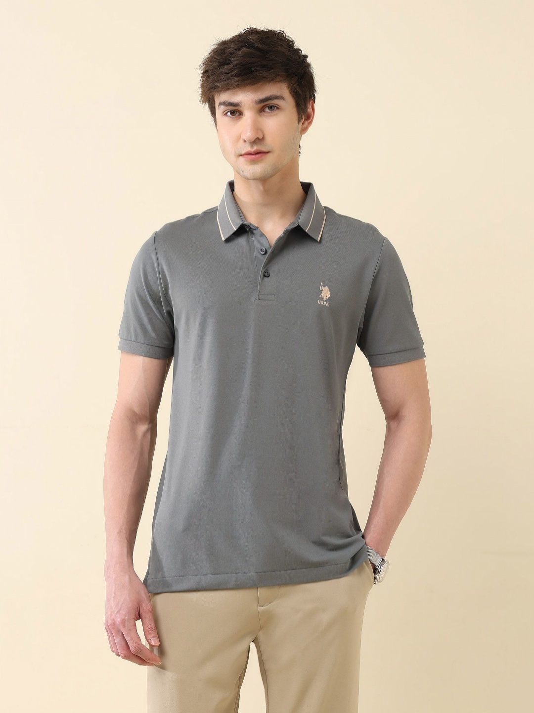 

U.S. Polo Assn. Men Solid Polo Collar Cotton Slim Fit T-shirt, Green